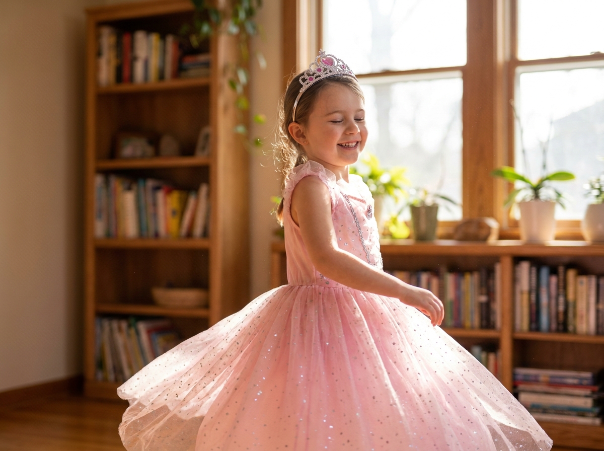 Petite fille déguisée en princesse rose tournant sur elle-même dans un salon familial