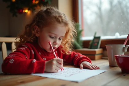 Petite fille écrivant une lettre au Père Noël avec sa liste de souhaits à la maison