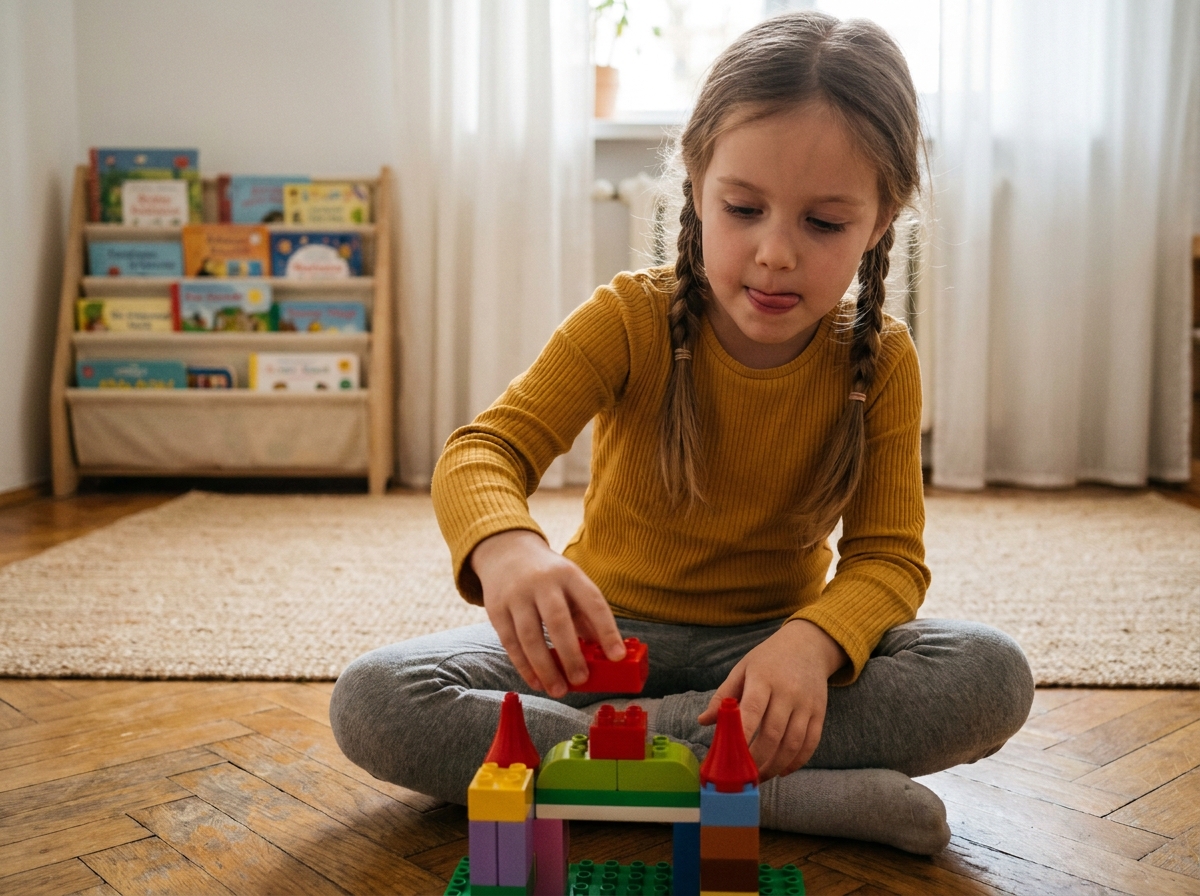 Jeune fille concentrée construisant un château avec des briques en plastique colorées sur le parquet d'un salon