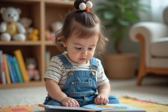 Petite fille en salopette bleue lit un livre dans un salon chaleureux