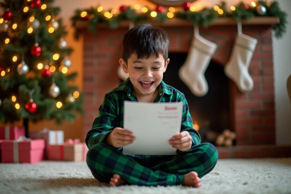 Garçon lisant avec joie sa lettre personnalisée du Père Noël devant le sapin de Noël