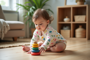 Petite fille curieuse jouant avec anneaux Montessori