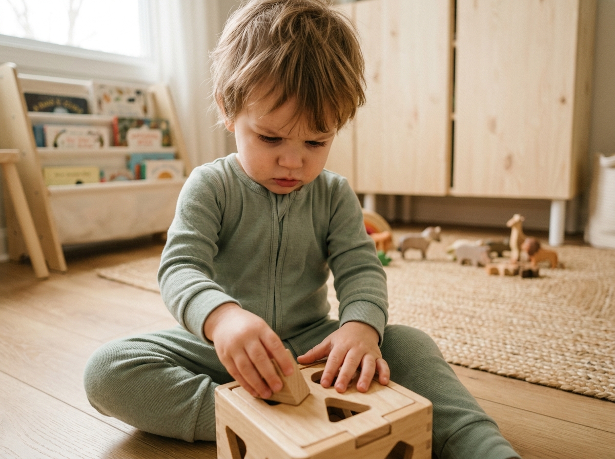 Enfant en bas âge concentré sur un jouet de tri de formes en bois dans une salle de jeux scandinave