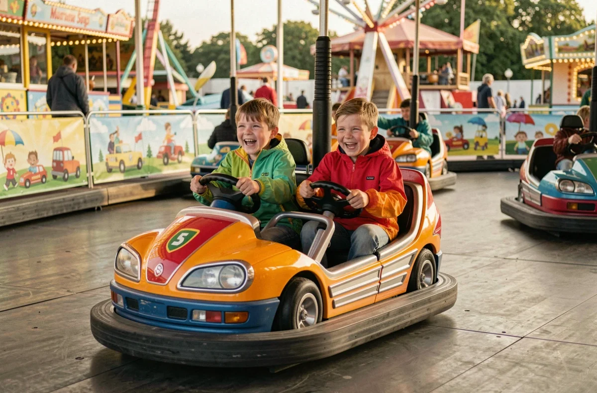 Deux enfants souriants dans des autos tamponneuses d'un parc de loisirs familial autour de Lyon