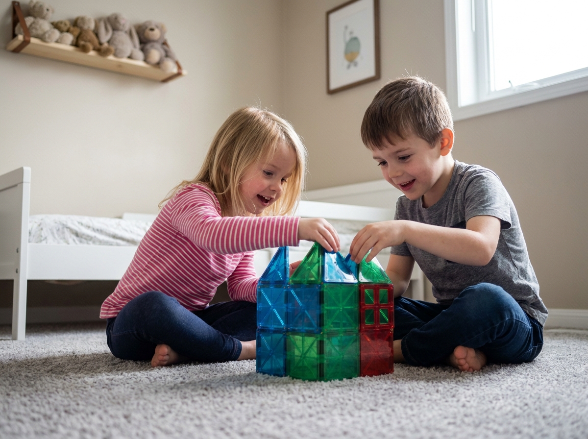 Deux enfants construisant ensemble une maison en tuiles magnétiques colorées sur un tapis gris dans une chambre