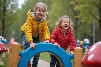 Jeunes enfants explorant un parc schtroumpf coloré en plein air