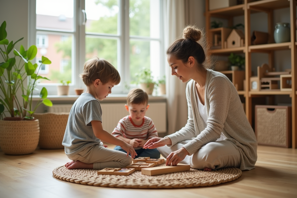Enseignante Montessori observe deux enfants jouer ensemble