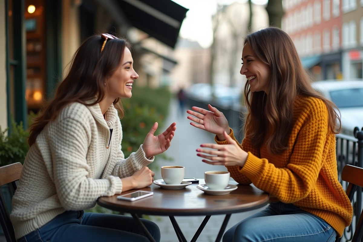 Deux mères célibataires échangeant des bons plans et s'entraidant autour d'un café en terrasse