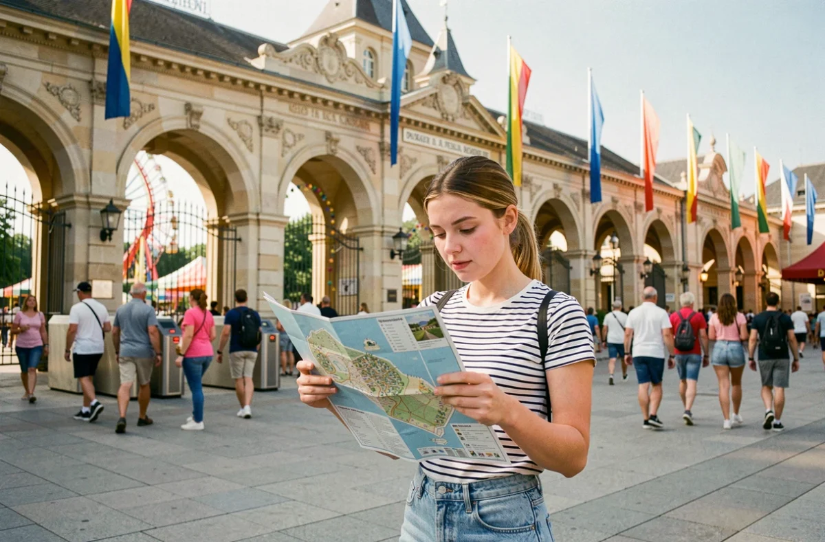 Jeune femme consultant un plan devant l'entrée d'un parc d'attractions de la région Rhône-Alpes