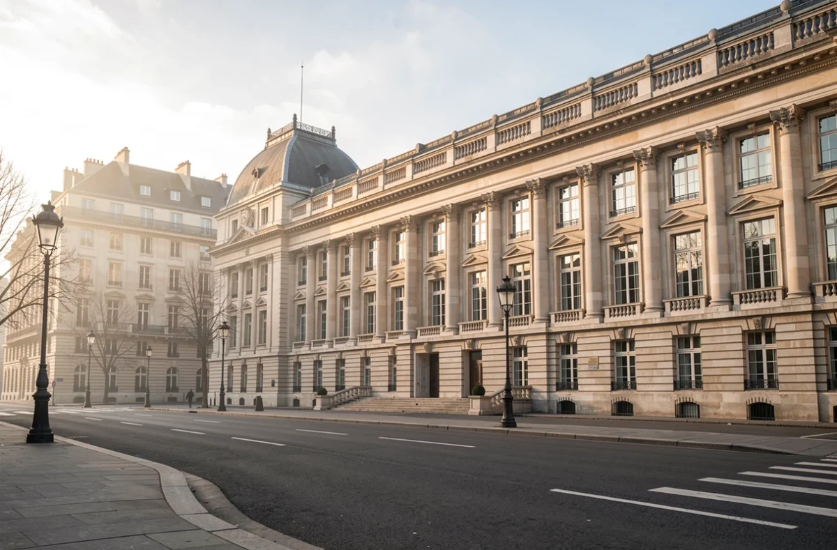 Façade d'un ministère parisien tôt le matin, rue déserte