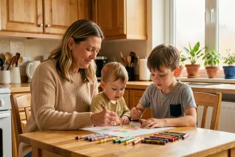 Famille d'accueil avec enfants de différents âges autour d'une table de cuisine en train de dessiner ensemble