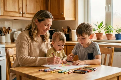 Famille d'accueil avec enfants de différents âges autour d'une table de cuisine en train de dessiner ensemble
