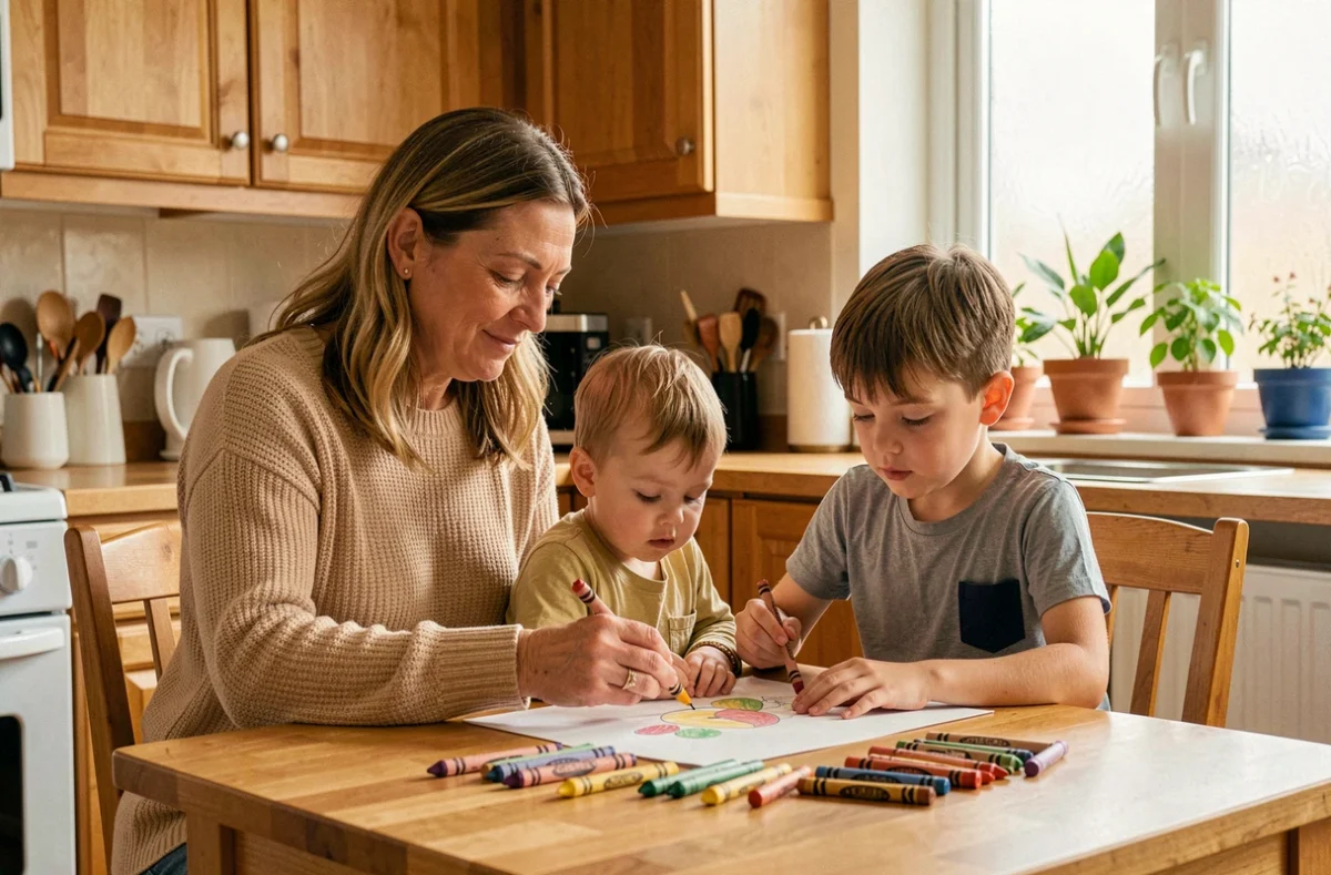 Famille d'accueil avec enfants de différents âges autour d'une table de cuisine en train de dessiner ensemble