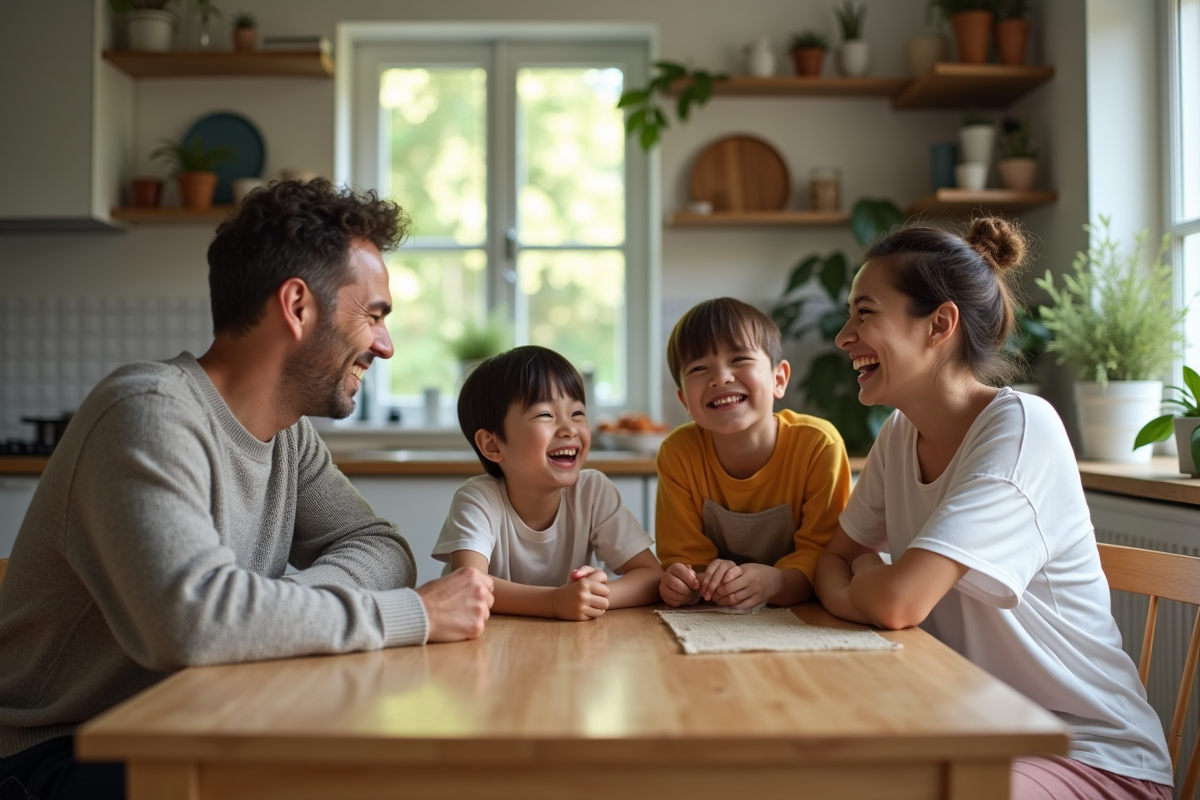 Famille souriante autour d'une table de cuisine chaleureuse