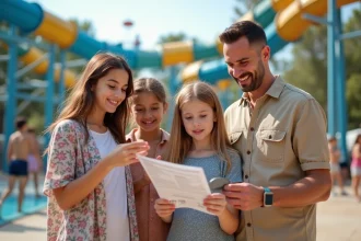 Famille consultant les tarifs à l'entrée du Touquet Parc Aquatique avant d'acheter leurs billets
