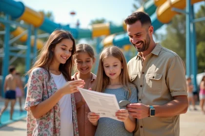 Famille consultant les tarifs à l'entrée du Touquet Parc Aquatique avant d'acheter leurs billets