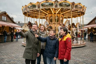Famille en sortie à la Foire aux Manèges de Lille, devant un carrousel traditionnel sur une esplanade pavée