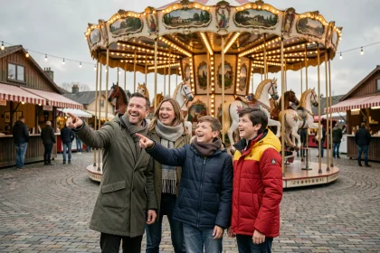 Famille en sortie à la Foire aux Manèges de Lille, devant un carrousel traditionnel sur une esplanade pavée
