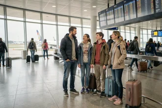 Famille française à l'aéroport consultant le tableau des départs pour des vacances scolaires décalées au Canada