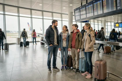 Famille française à l'aéroport consultant le tableau des départs pour des vacances scolaires décalées au Canada