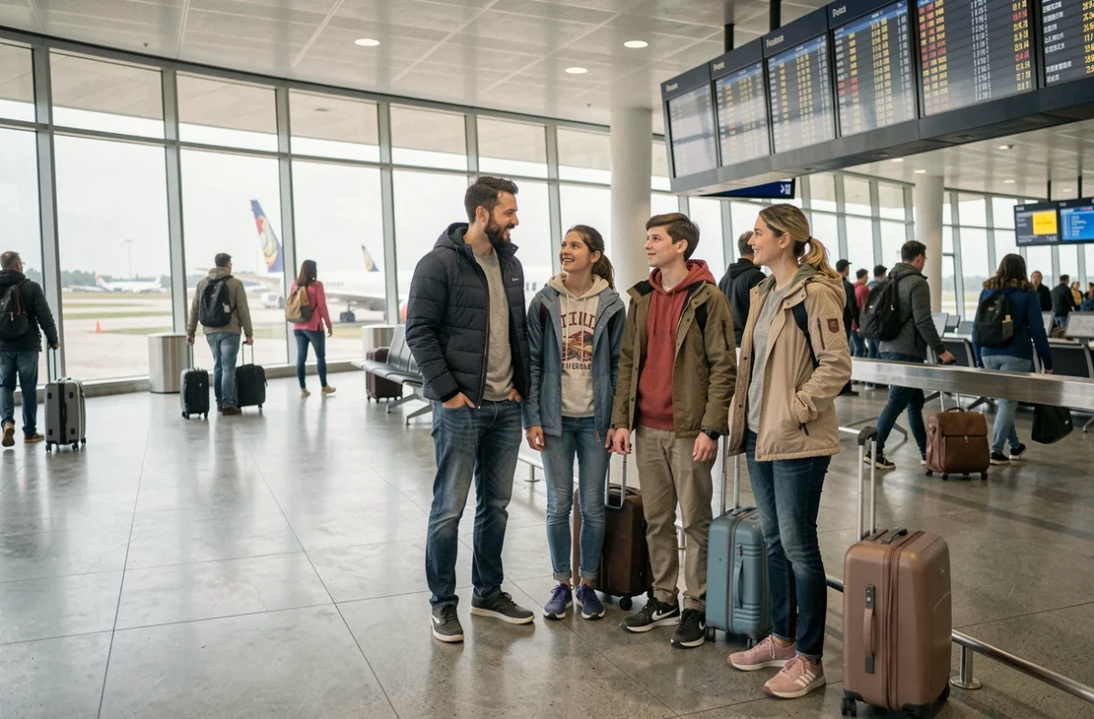 Famille française à l'aéroport consultant le tableau des départs pour des vacances scolaires décalées au Canada