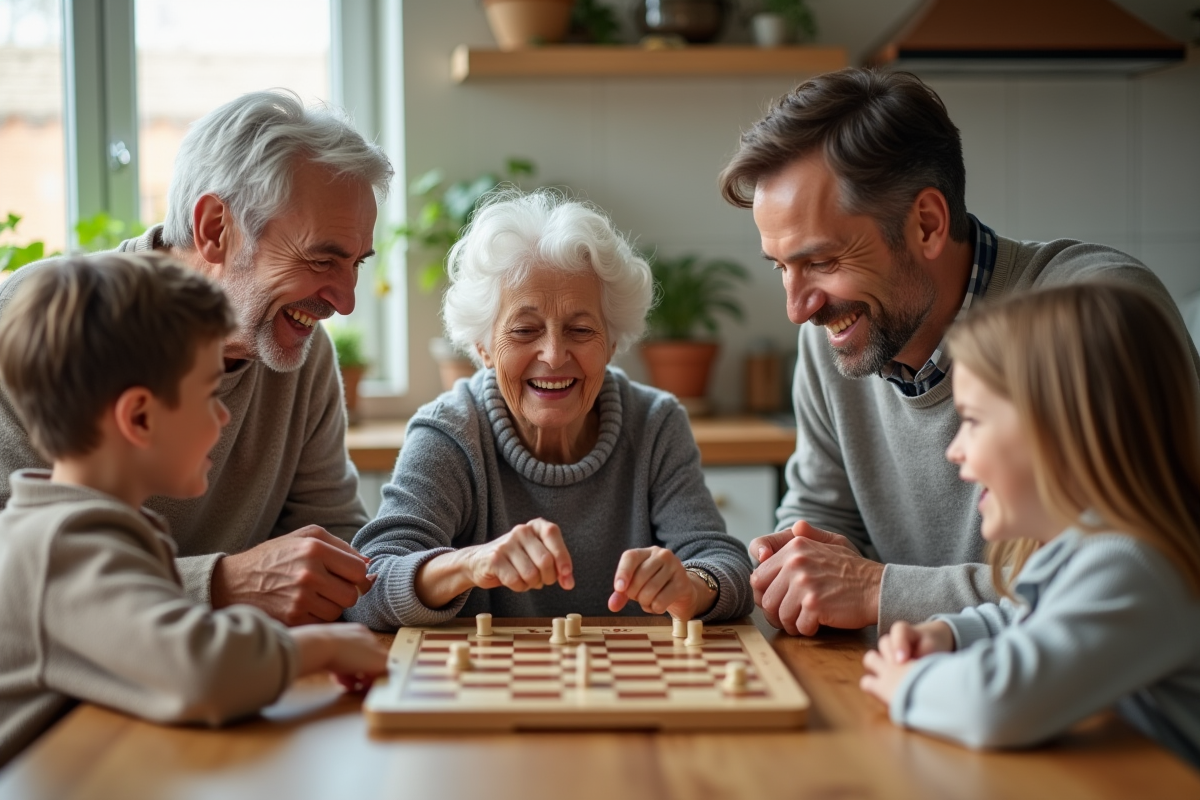 Trois generations de famille jouant ensemble autour d'une table