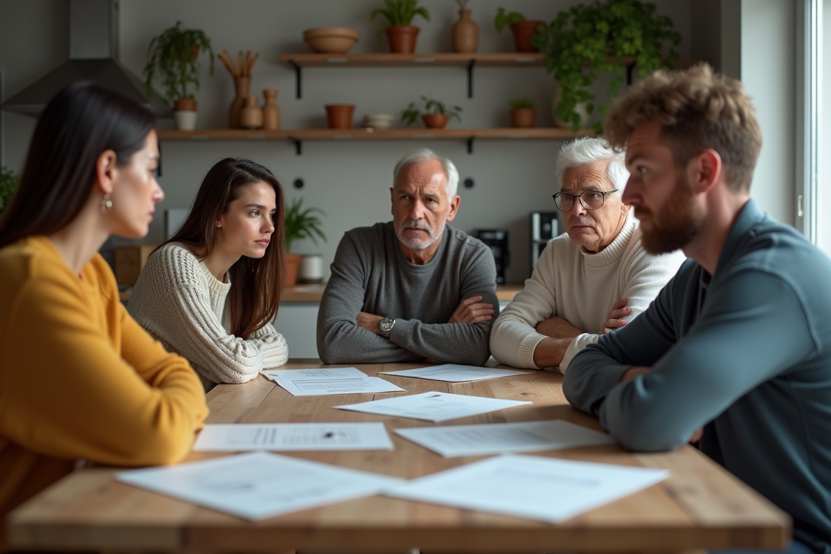 Famille de quatre autour d'une table de cuisine tendue