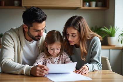 Famille lisant des documents dans la cuisine chaleureuse