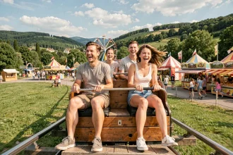 Famille en train de faire des montagnes russes dans un parc d'attractions près de Lyon par une journée ensoleillée