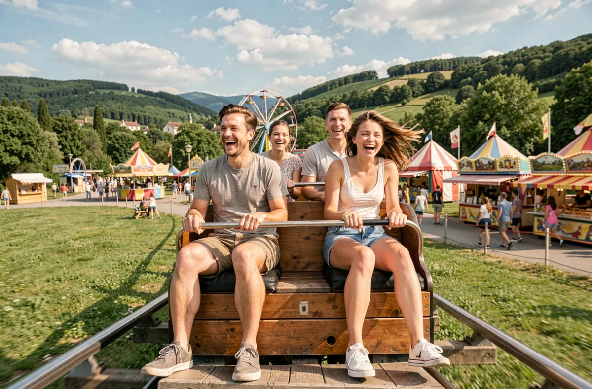 Famille en train de faire des montagnes russes dans un parc d'attractions près de Lyon par une journée ensoleillée