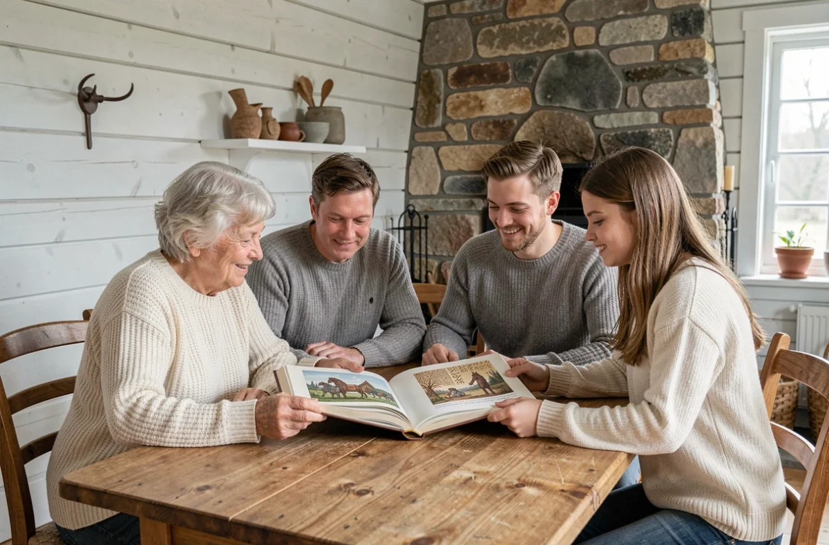 Famille scandinave multigénérationnelle explorant ensemble un livre sur les runes Vikings et symboles nordiques d'unité