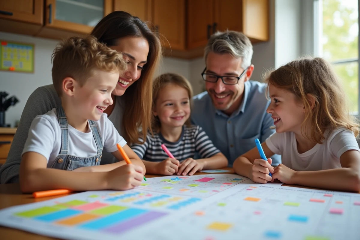 Famille autour d'un calendrier scolaire français en plan rapproché