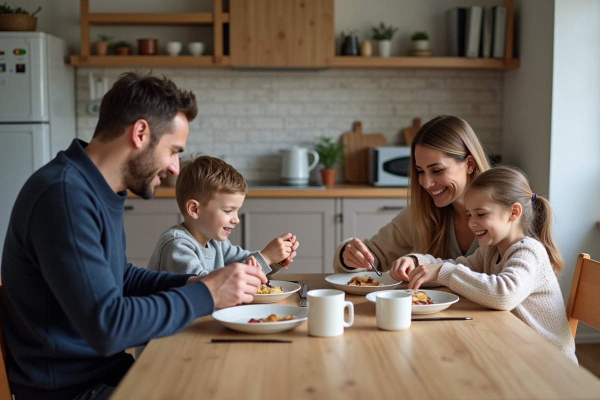 Famille de quatre autour du petit déjeuner dans une cuisine lumineuse