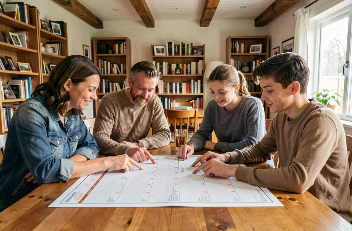 Famille planifiant ses activités sportives et sorties sur un calendrier 2026 avec semaines paires et impaires