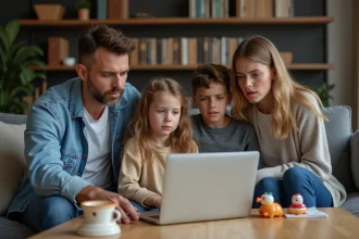 Famille réunie autour d'un ordinateur avec politique de confidentialité