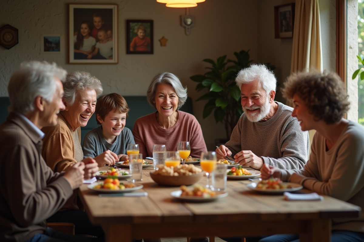 Famille multigenerational partageant un repas convivial à table