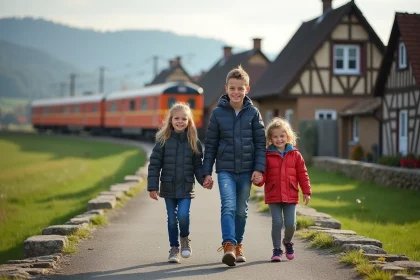 Famille souriante en Alsace sur une plateforme de train