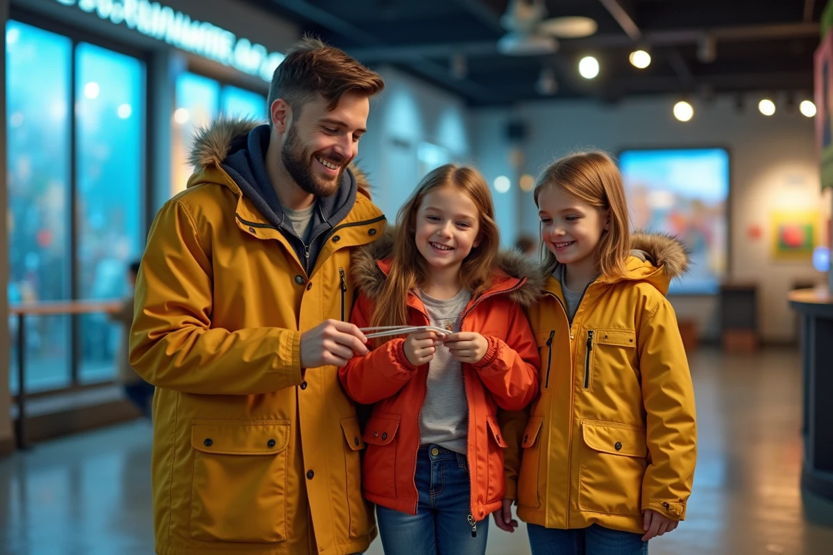 Famille souriante dans un parc d'Alsace découvrant une exposition scientifique