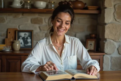 Femme méditerranéenne feuilletant un album familial chaleureux
