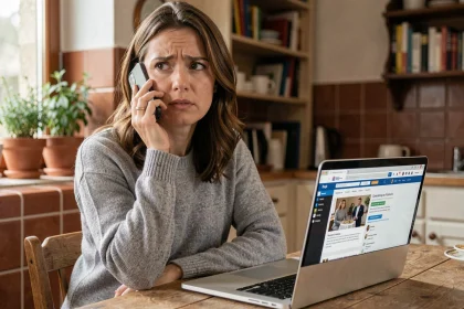 Femme téléphonant au service Pajemploi depuis son domicile avec un smartphone, ordinateur ouvert sur un site administratif