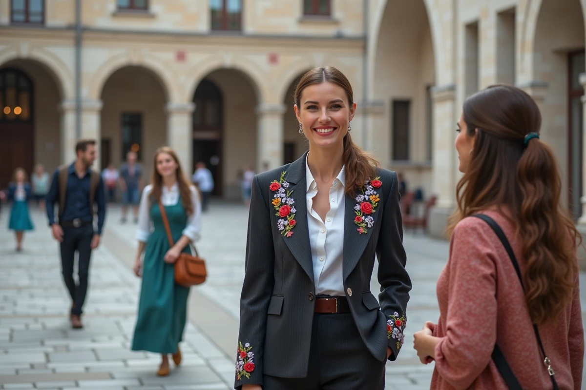 Femme en costume traditionnel saluant dans une place urbaine animée