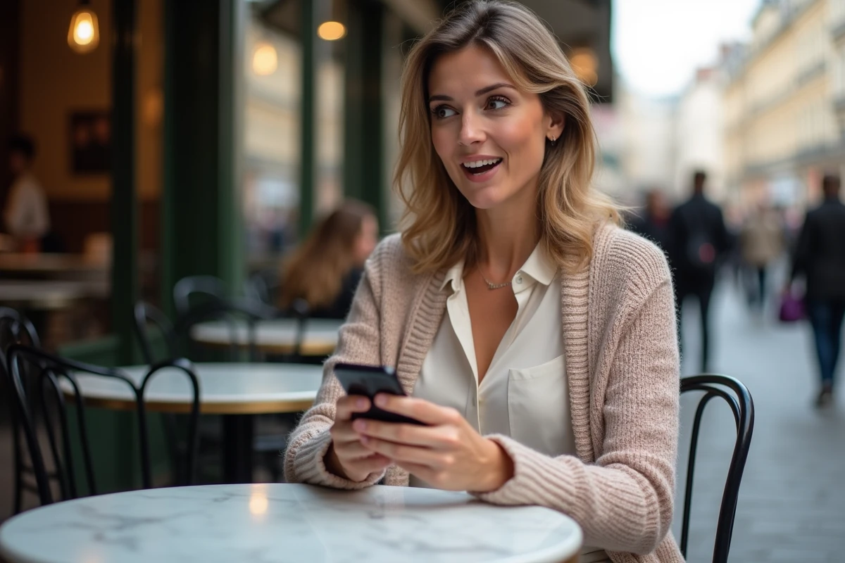 Femme blogueuse surprise au cafe parisien avec smartphone