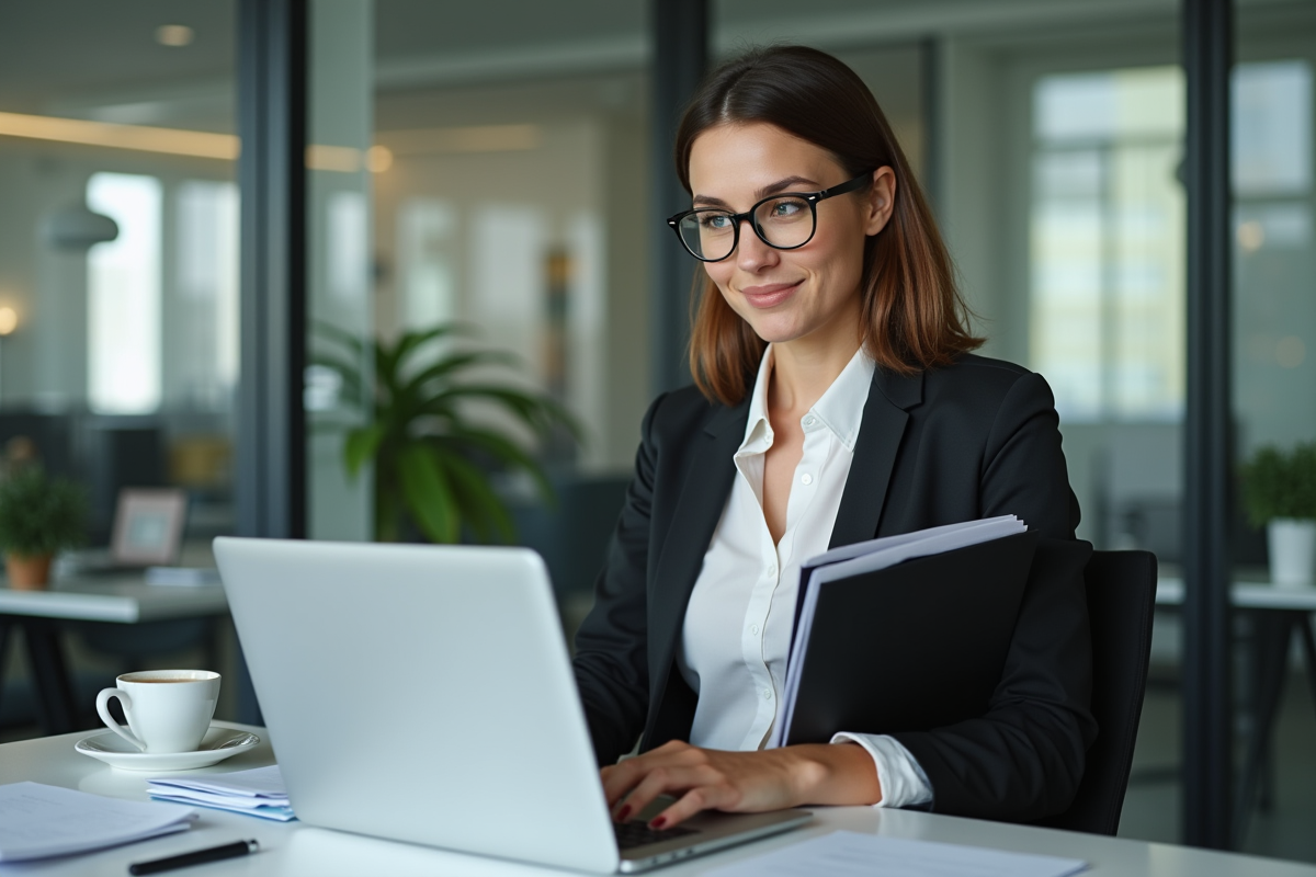 Femme d affaires concentrée devant son ordinateur dans un bureau moderne