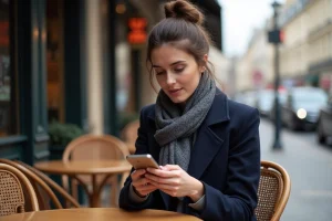 Femme pensant avec smartphone dans un café parisien