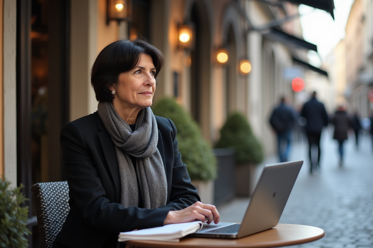 Femme d'âge moyen au café urbain avec ordinateur et carnet