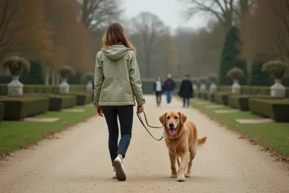 Femme promenant son golden retriever sur une allée de jardin formel en Île-de-France lors d'un week-end automnal