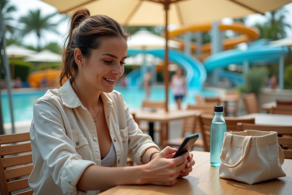 Femme comparant les tarifs et promotions du parc aquatique sur son téléphone depuis la terrasse