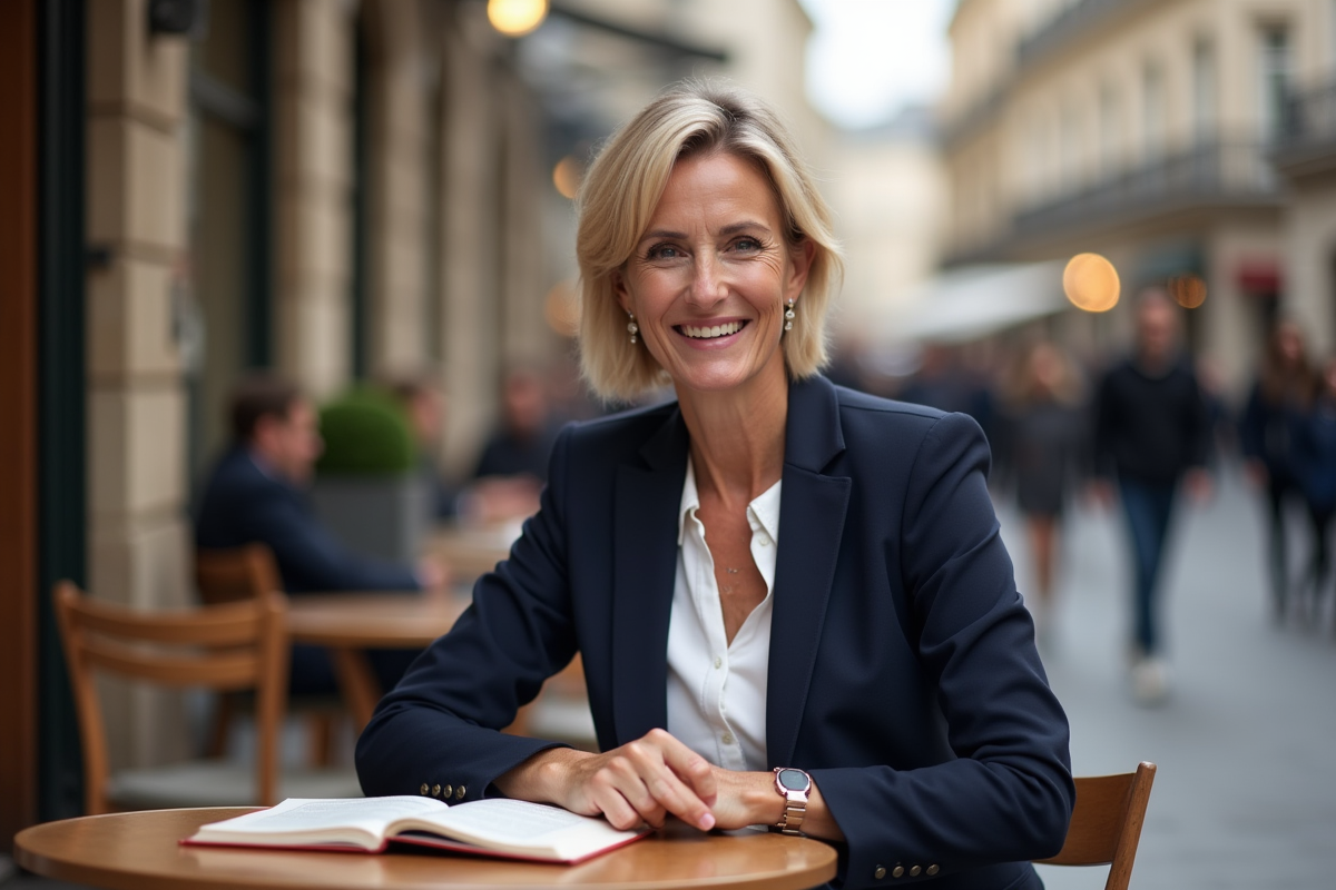 Femme confiante souriante dans un café parisien