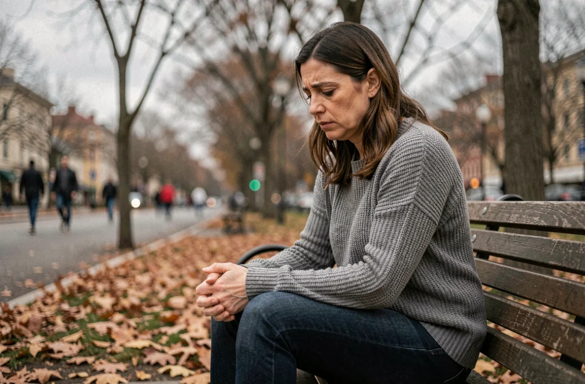 Femme en détresse émotionnelle assise seule dans un parc, illustrant la souffrance liée à un trouble bipolaire et une crise parentale