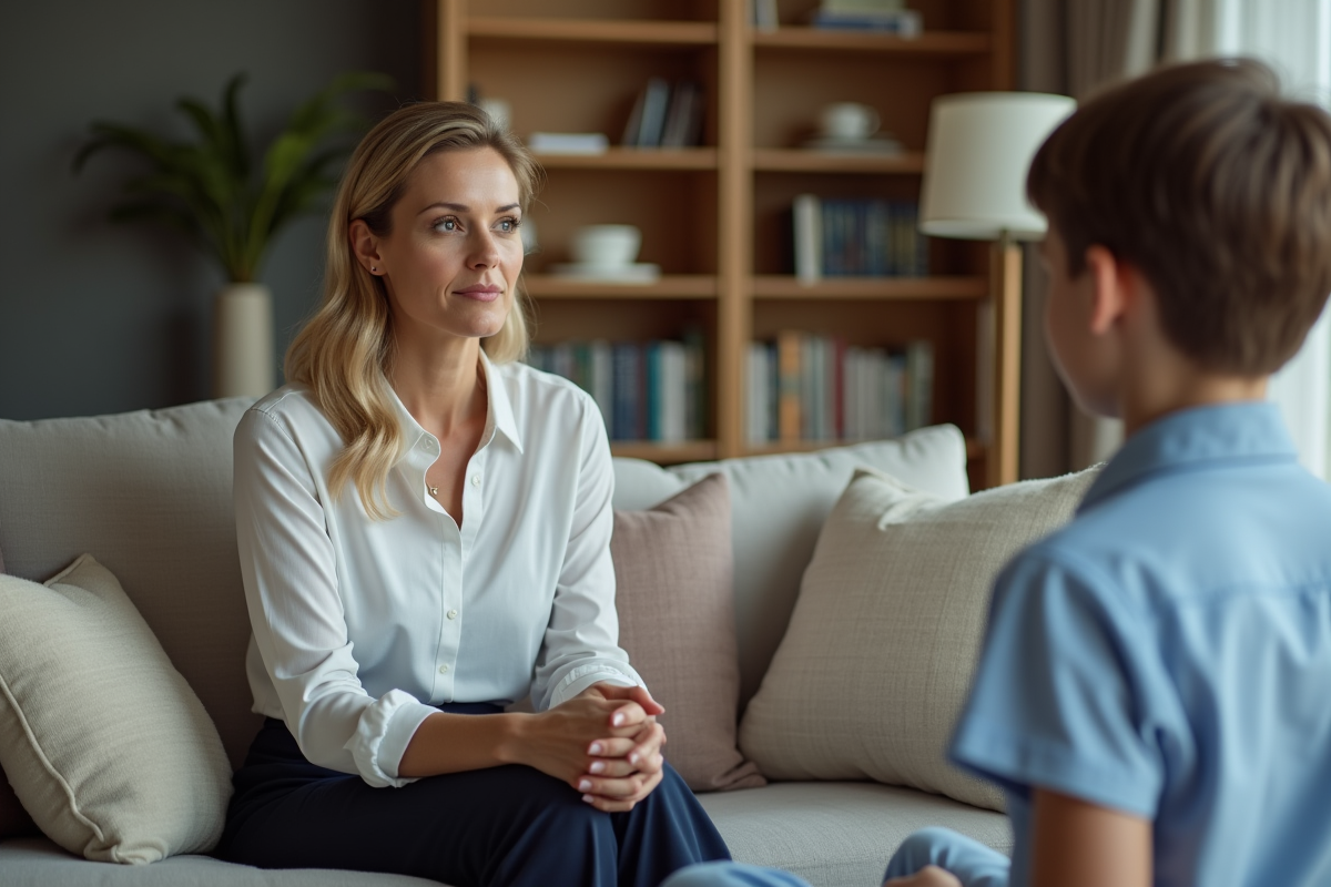 Femme parlant calmement à un garçon dans un salon moderne